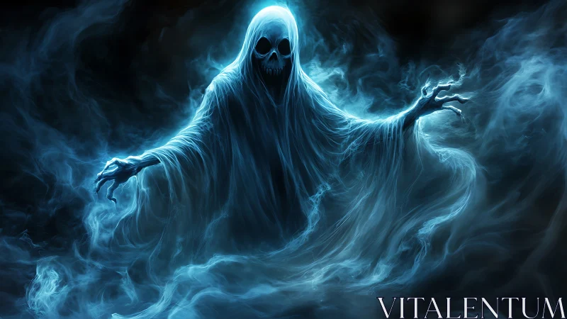 Hooded skeletal figure emerges in blue spectral smoke field