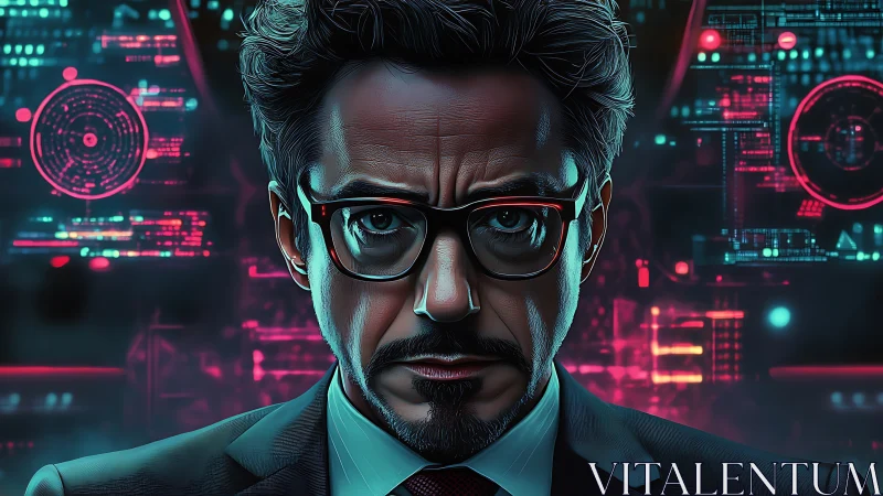 Cybernetic strategist portrait with neon HUD interface overlays