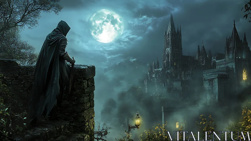 Hooded rogue surveys a moonlit gothic castle in mist