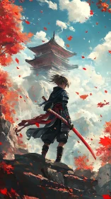 Crimson samurai gazing toward a misty mountain temple.