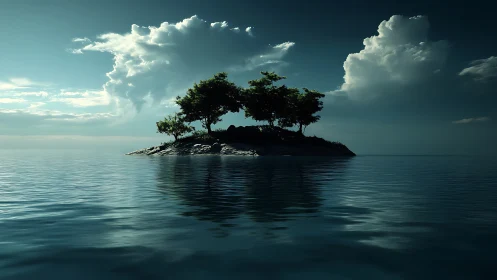 Solitary Island With Windswept Trees in Tranquil Waters