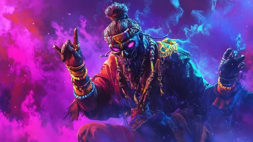 Neon shaman warrior in glowing cyber mask amid magenta smoke