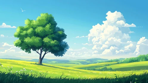 Solitary green tree stands over rolling summer meadow
