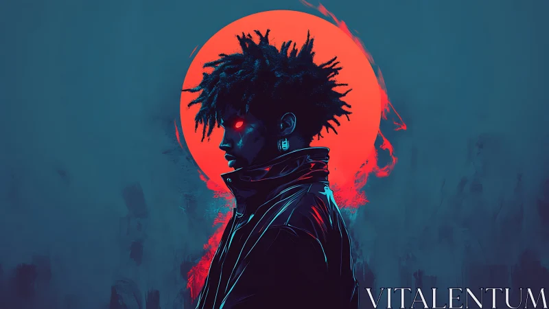 Neon-eyed drifter under an electric crimson moonrise.