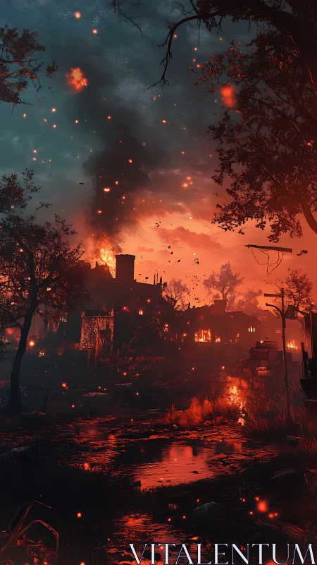 Apocalyptic Village Engulfed in Flames and Embers.