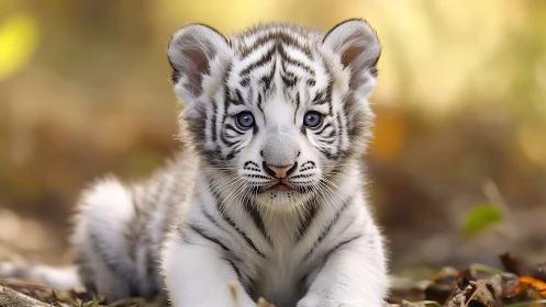 White tiger cub rests in golden forest light, eyes shining
