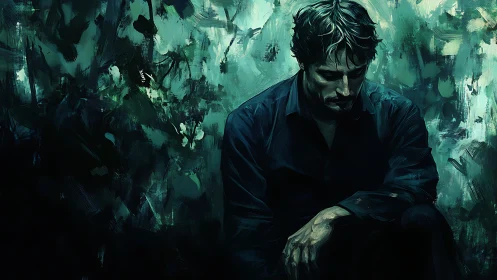 Solitary man seated in moody green abstract setting.