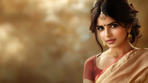 Digital portrait of Indian woman in saree with golden bokeh background