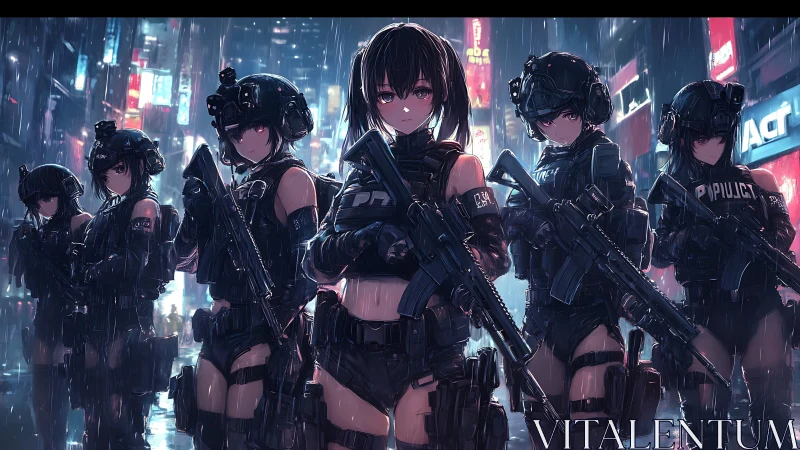 Heavily armed anime police squad stands in rainy neon city