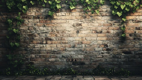 Old brick wall with creeping ivy under soft directional light