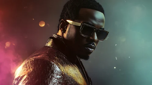 Stylish man in sunglasses against colored studio backdrop.