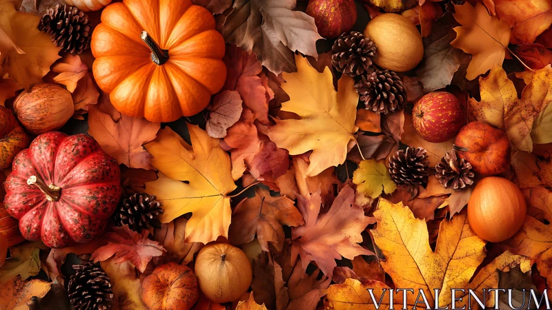 Pumpkins, leaves, apples, and pinecones form an autumn surface