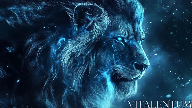 Starlit cyber-lion prowls through frozen nebula winds