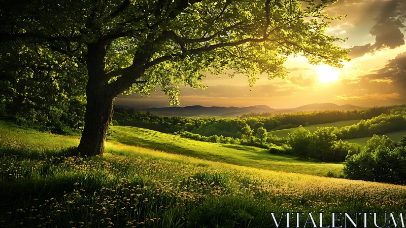 Golden sunset meadow under a peaceful sheltering tree.