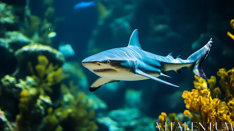 Shark in open water near coral and submerged rock formations.