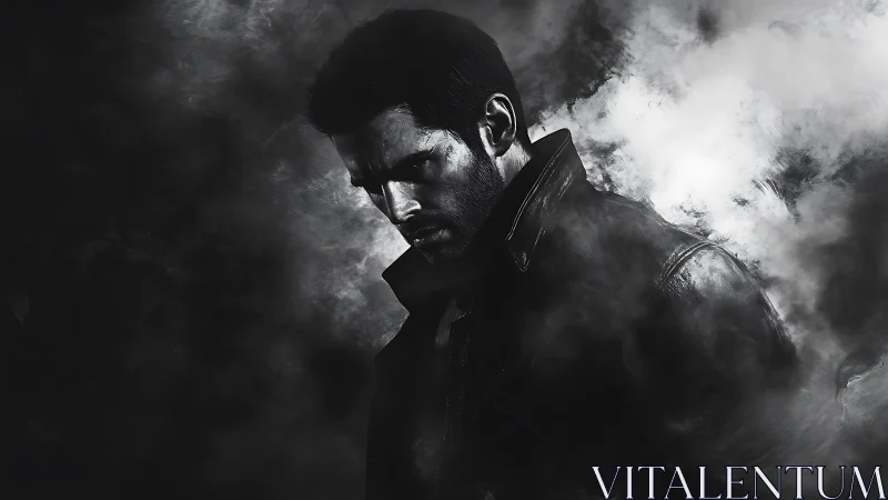 Man in leather jacket stands in dense monochrome smoke