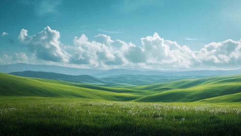 Wide green hills under bright blue sky with soft clouds.