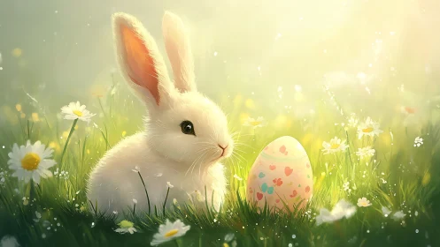 Easter bunny beside pastel egg in glowing spring meadow.