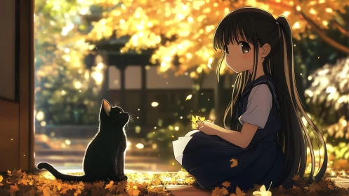 Autumn shoji veranda scene with girl and black cat in bokeh light