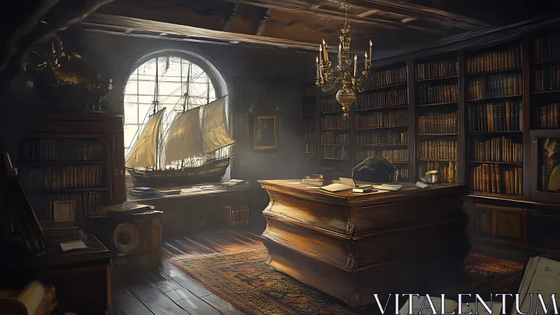 Sunlit antique study frames detailed ship model by window