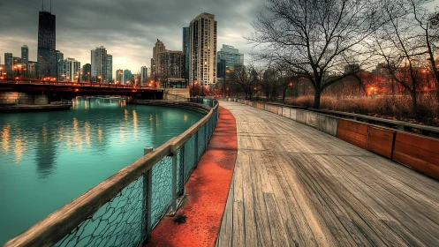 Quiet riverside boardwalk leading toward a glowing city sunset.