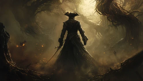 Dark hunter in fog-drenched twisted forest under backlight