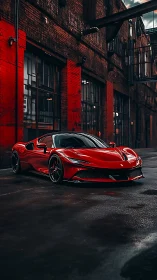 Photorealistic supercar in moody industrial alleyway setting.