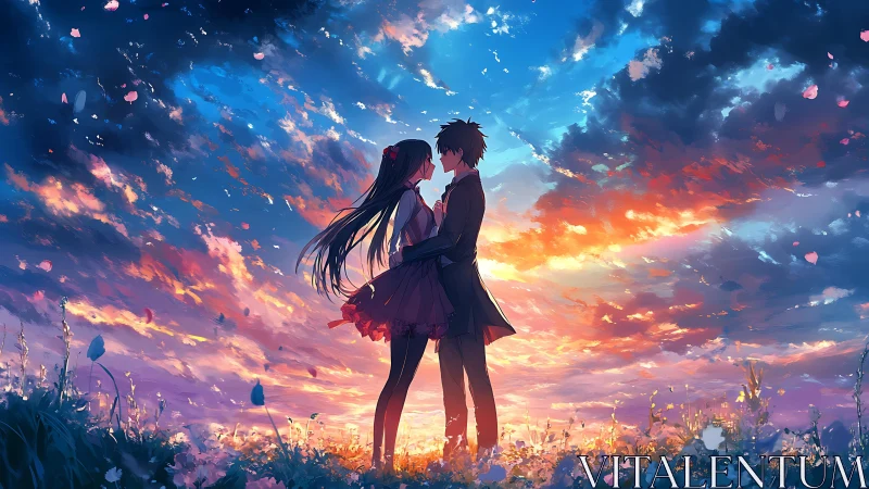 Romantic anime couple standing under vivid sunset sky.