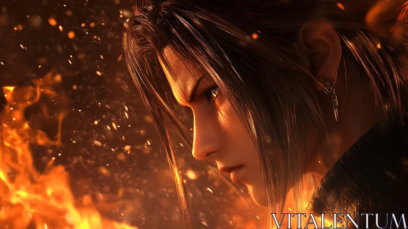 Intense anime warrior profile surrounded by rising flames.