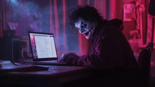Masked hacker at laptop in dark neon lit room at night.