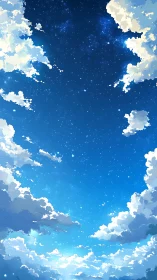 Cloud chorus framing a star-sprinkled afternoon sky window.