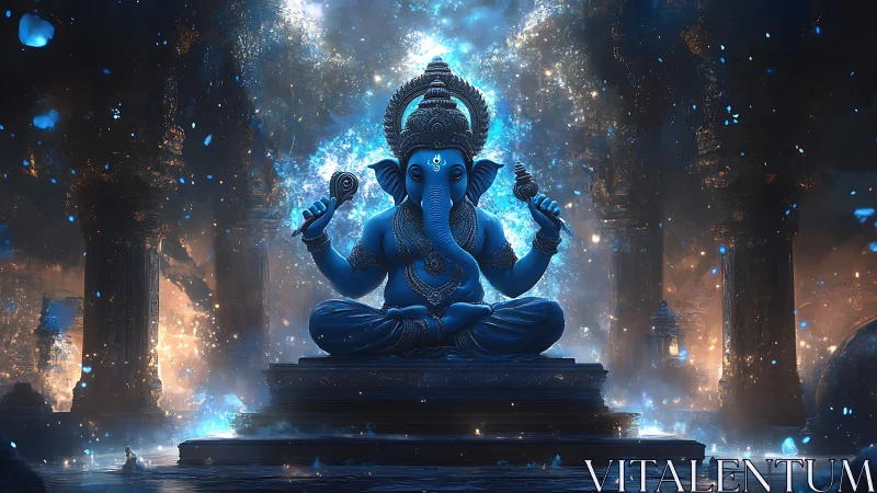 Divine blue Ganesha statue amid glowing cosmic temple.