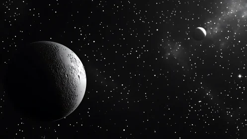 Rendered cratered moon with distant moonlit sphere in space