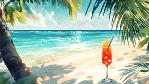 Tropical Beach Scene with Cocktail and Palm Trees