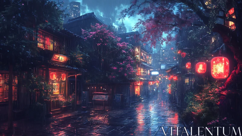 Rain-soaked neon alley merges traditional lantern glow and skyline