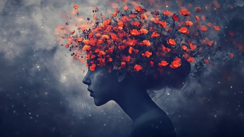 Silhouette portrait with red floral head in dark space scene.