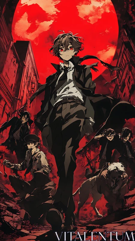 Crimson moonlit squad strides through a ruined city night.