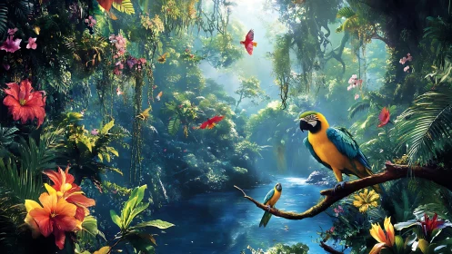 Lush tropical rainforest river with perched macaw digital painting.