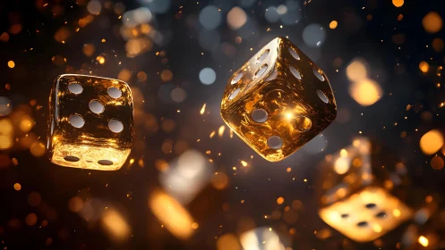 Golden translucent dice suspended in cinematic bokeh glow.