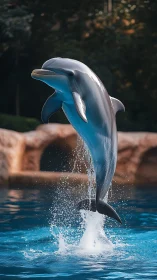 Bottlenose dolphin leap above blue pool water in sunlight.