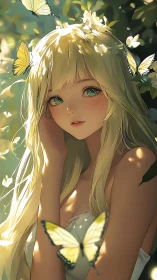 Forest nymph girl with butterflies in golden sunlit haze.