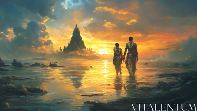 Two figures walk toward distant temple across reflective water