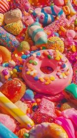 Confectionery and candy composition with glazed donut centerpiece.