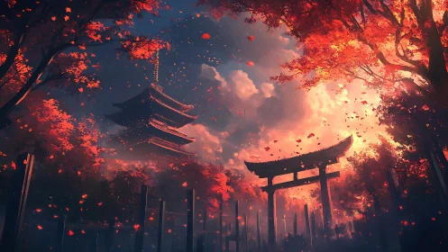 Digital painting of autumn shrine gate and floating pagoda.