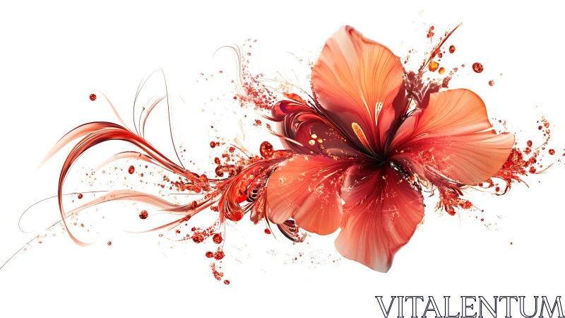 Red hibiscus blossom explodes into swirling digital splashes