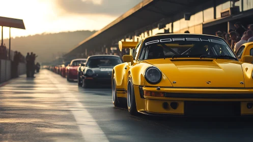 Yellow Porsche 911 race-prepped lineup under warm pitlane light.