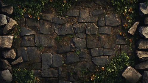 Worn stone pathway with grass and flowers around edges.