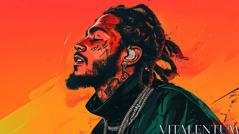 Rap portrait glows against fiery orange abstract backdrop