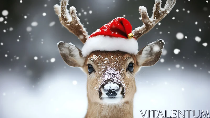 Festive reindeer portrait with red Santa hat in snowfall.