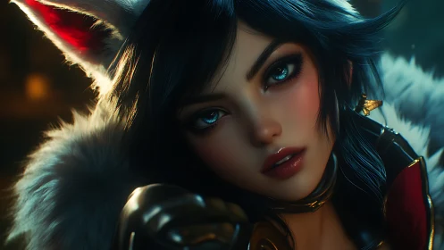 Close-up digital portrait of fantasy woman with fur hood.